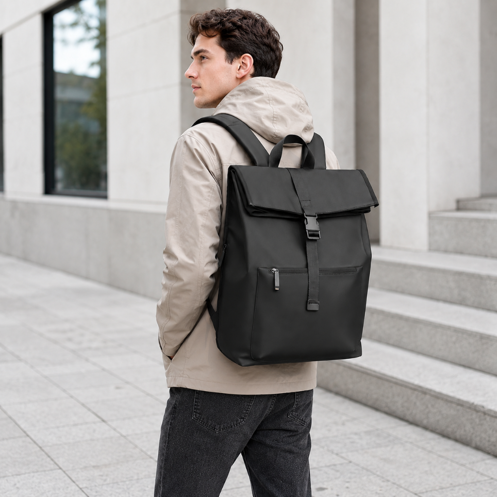 Homme portant le sac à dos Roll Top HomyBag noir en extérieur