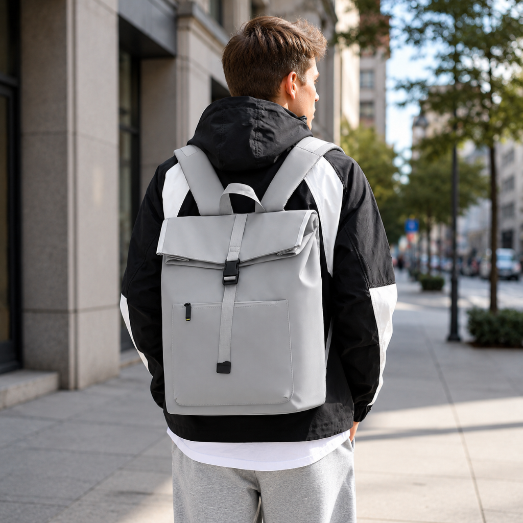 Homme portant le sac à dos Roll Top HomyBag gris clair en ville