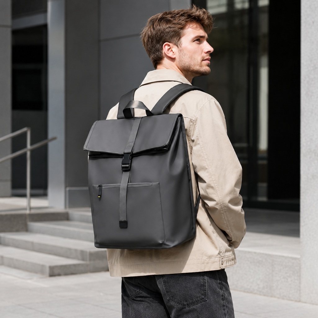 Homme portant le sac à dos Roll Top HomyBag gris foncé devant un bâtiment moderne