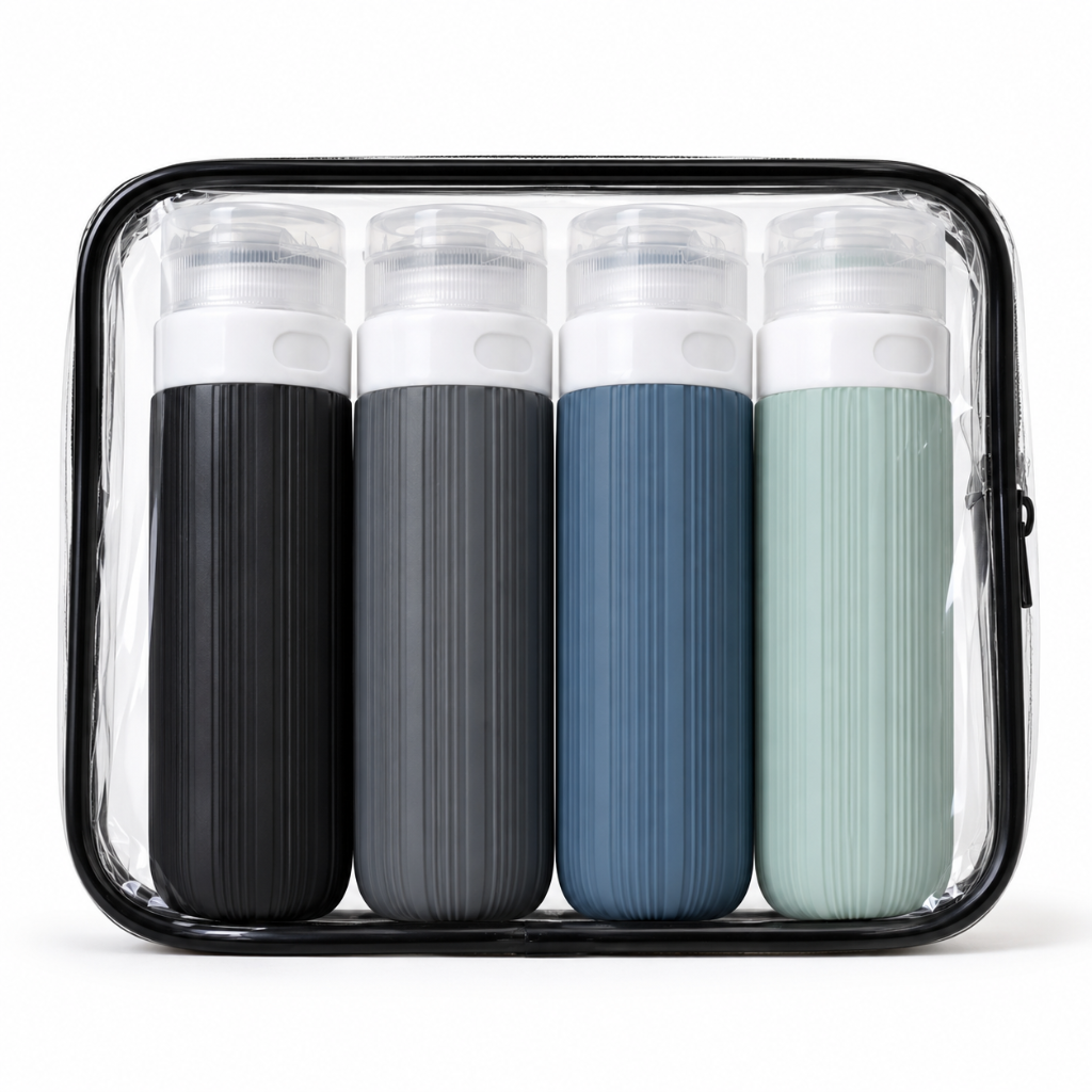 Set de 4 flacons de voyage rechargeables 90 ml tons foncés avec pochette transparente zippée – HomyBag