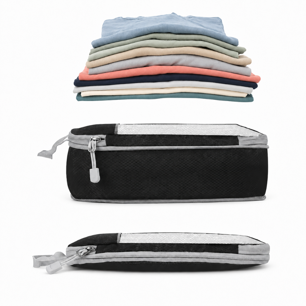 Cubes de rangement HomyBag utilisés dans une valise – organisation bagages voyage