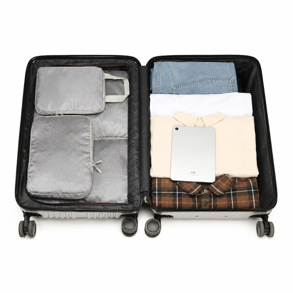 Set de 4 cubes de rangement HomyBag noir – vue ouverte organisation intérieure valise