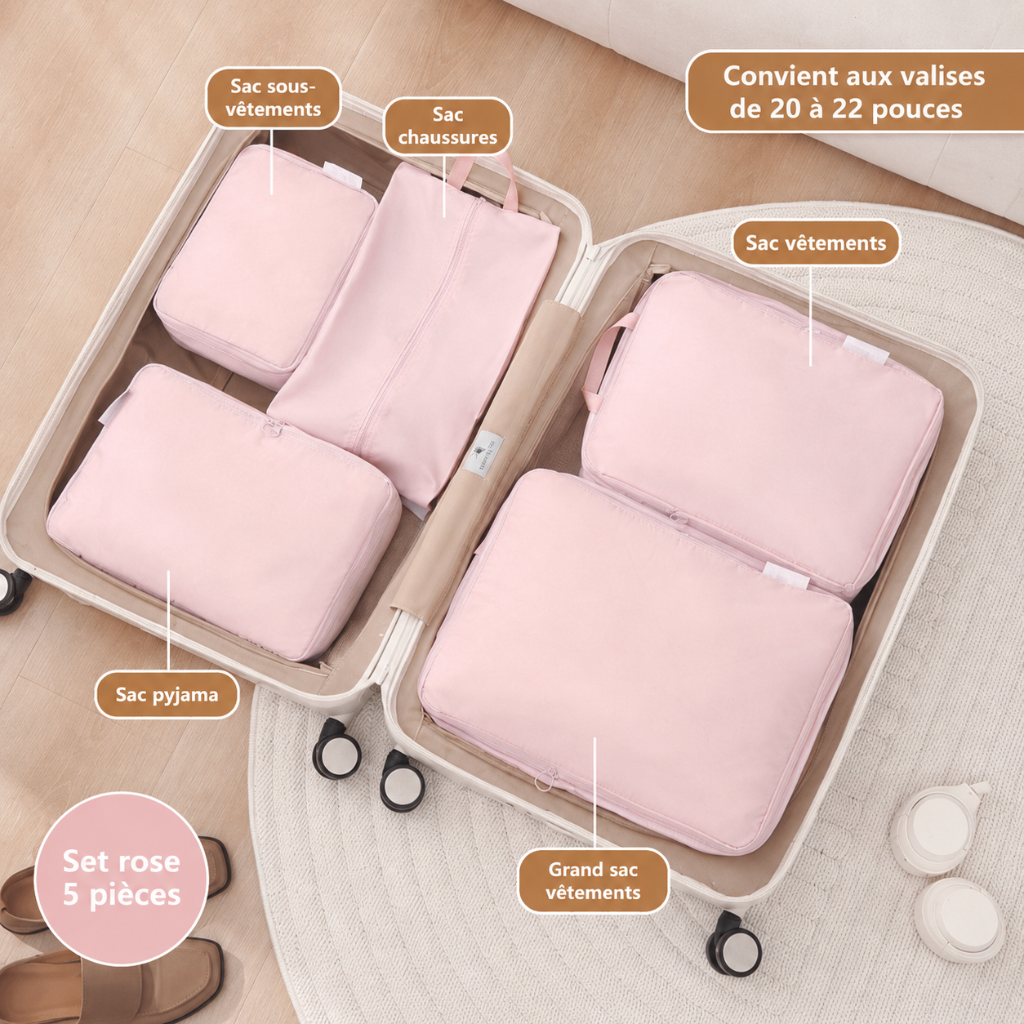 Set de Rangement Voyage Compressible 5 Pièces rose HomyBag