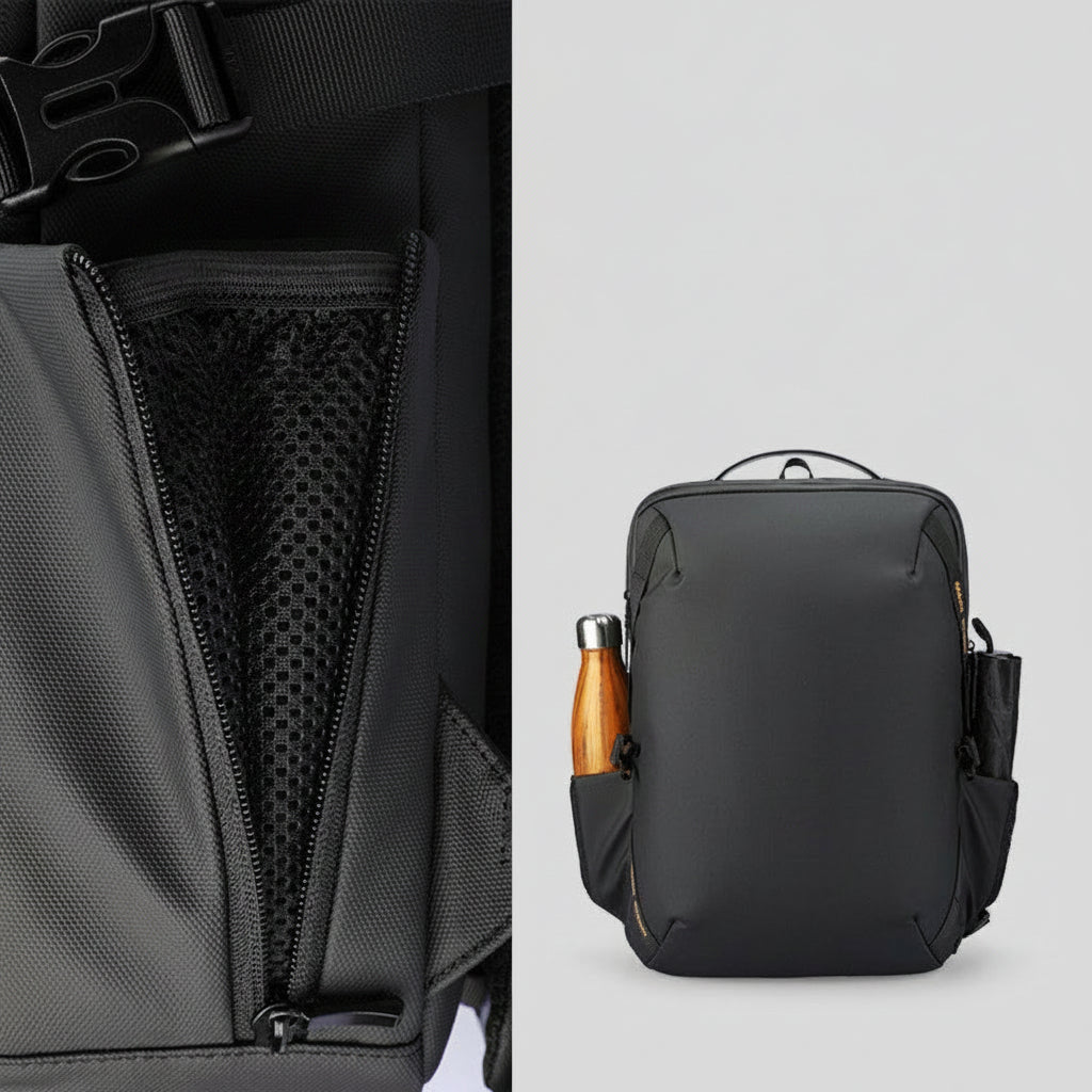 Sac à dos HomyBag noir grande capacité voyage - vue sur fermeture zippée 