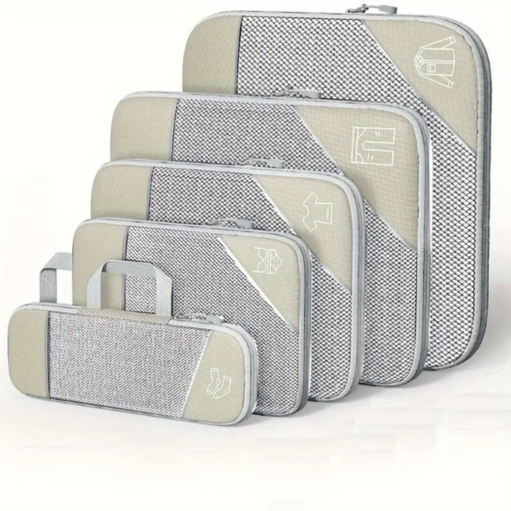 Set de 5 sacs de rangement compressibles HomyBag – Organisation valise et voyage beige