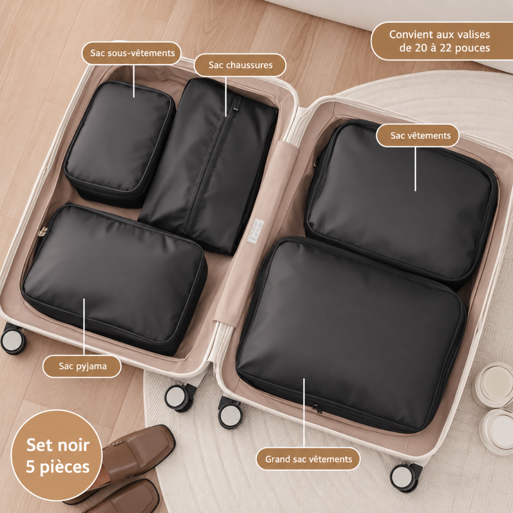 Set de Rangement Voyage Compressible 5 Pièces noir HomyBag 