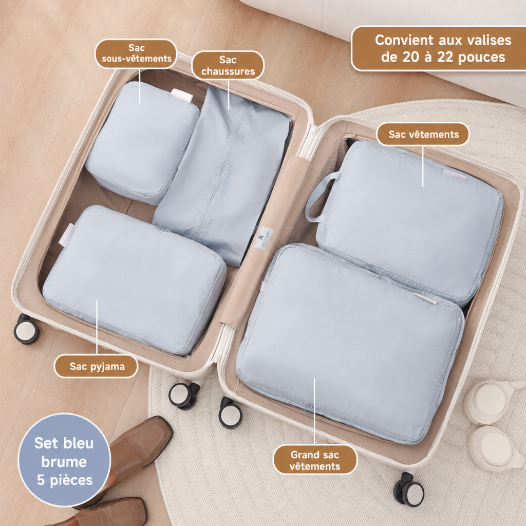 Set de Rangement Voyage Compressible 5 Pièces bleu HomyBag 