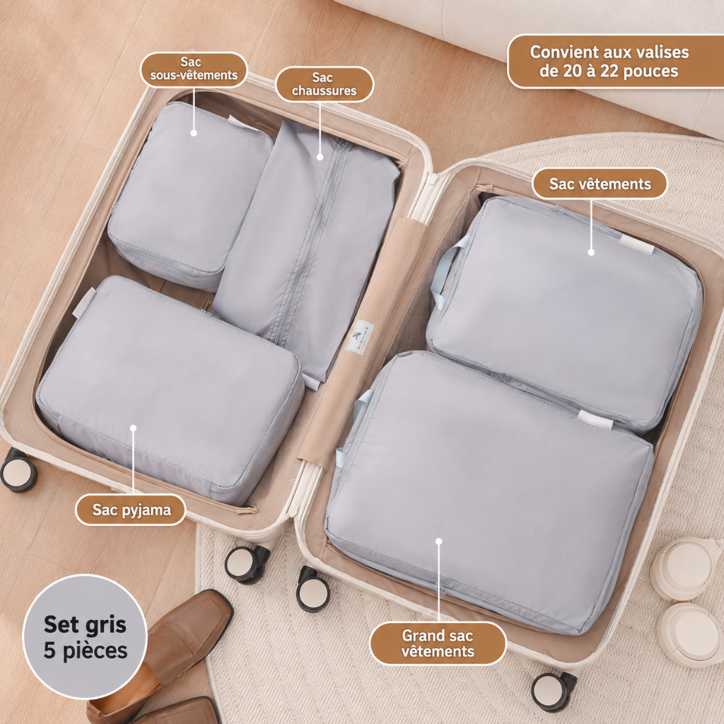 Set de Rangement Voyage Compressible 5 Pièces gris HomyBag 